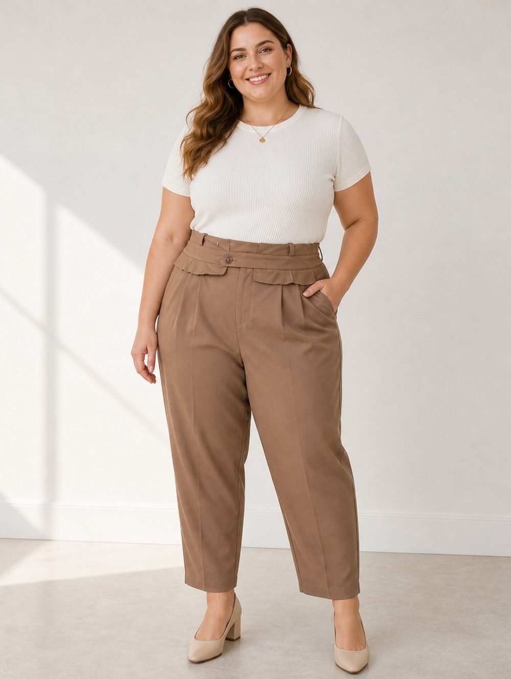 Eloquii Tan High Rise Pleated Ruffled Ankle Cropped Tapered Leg Pants 16